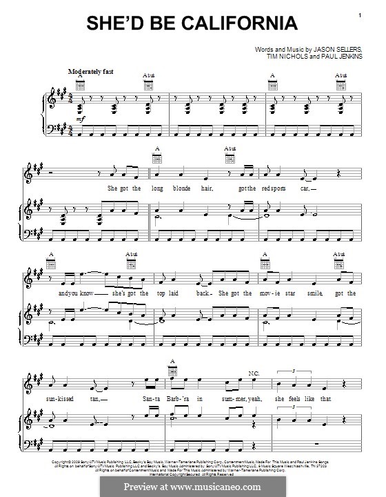 She'd Be California (Rascal Flatts): For voice and piano (or guitar) by Jason Sellers, Paul Jenkins, Tim Nichols