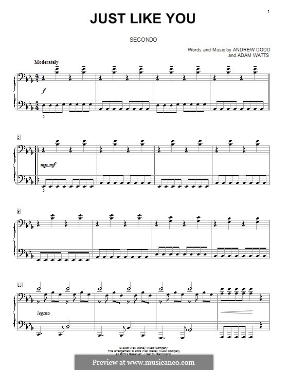 Just Like You (Hannah Montana): For piano four hands by Adam Watts, Andrew Dodd