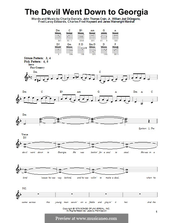 The Devil Went Down to Georgia (Charlie Daniels Band): For guitar (very easy version) by Charles Fred Hayward, Charlie Daniels, Fred Laroy Edwards, James Wainwright Marshall, John Thomas Crain Jr., William Joel DiGregorio