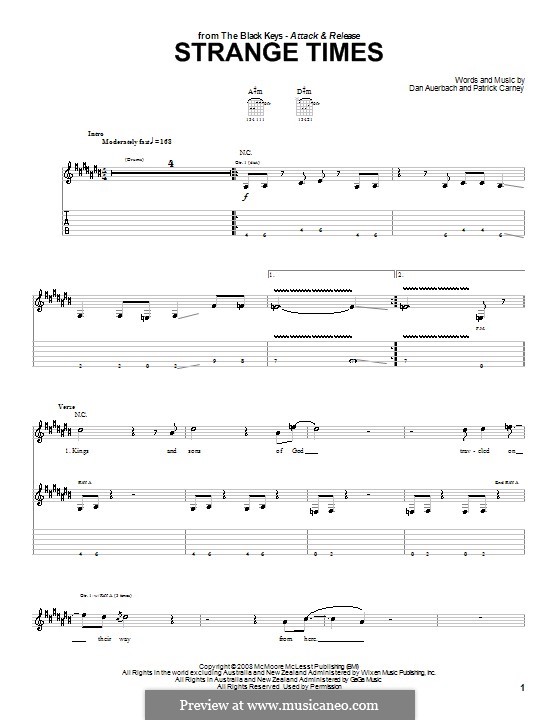 Strange Times (The Black Keys): For guitar with tab by Daniel Auerbach, Patrick Carney