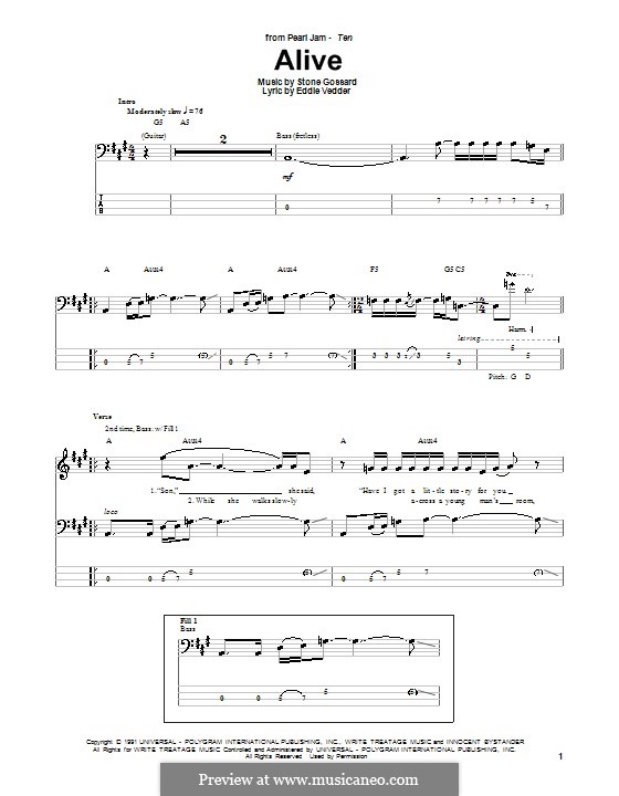 Alive (Pearl Jam): For bass guitar with tab by Stone Gossard