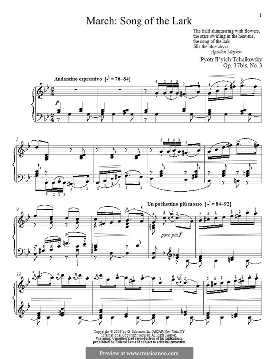 No.3 March (Song of the Lark): For piano by Pyotr Tchaikovsky