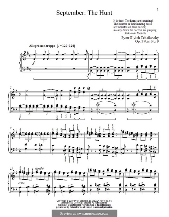 No.9 September (The Hunt): For piano by Pyotr Tchaikovsky