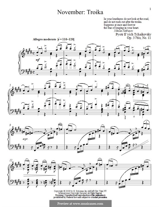 No.11 November (On the Troika): For piano (with fingering) by Pyotr Tchaikovsky