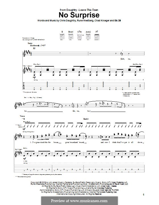No Surprise (Daughtry): For guitar with tab by Chad Kroeger, Chris Daughtry, Eric Dill, Rune Westberg