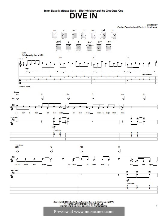 Dive in (Dave Matthews Band): For guitar with tab by Carter Beauford, David J. Matthews