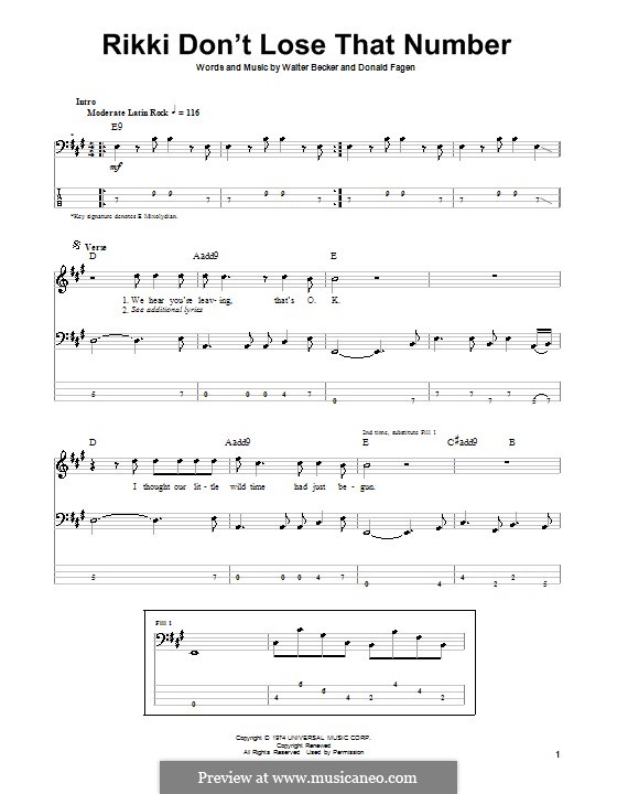 Rikki Don't Lose That Number (Steely Dan): For bass guitar with tab by Donald Fagen, Walter Becker