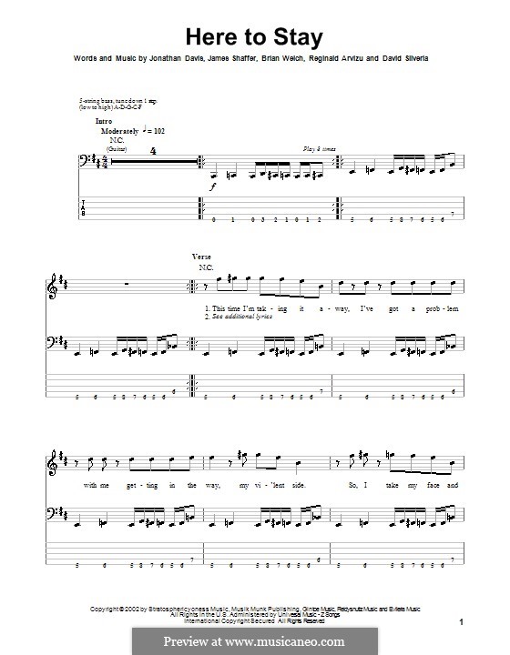 Here To Stay (Korn): For bass guitar with tab by Brian Welch, David Silveria, James Shaffer, Jonathan Davis, Reginald Arvizu