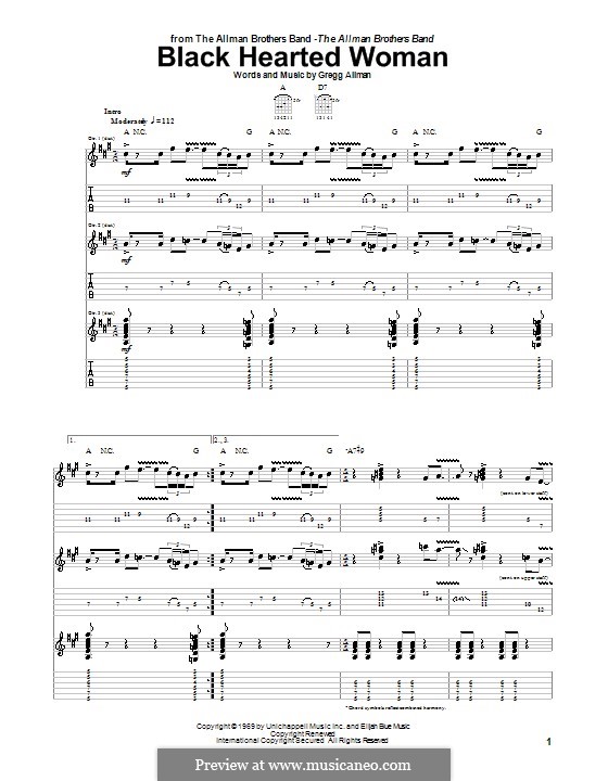 Black Hearted Woman (The Allman Brothers Band): For guitar with tab by Gregg Allman