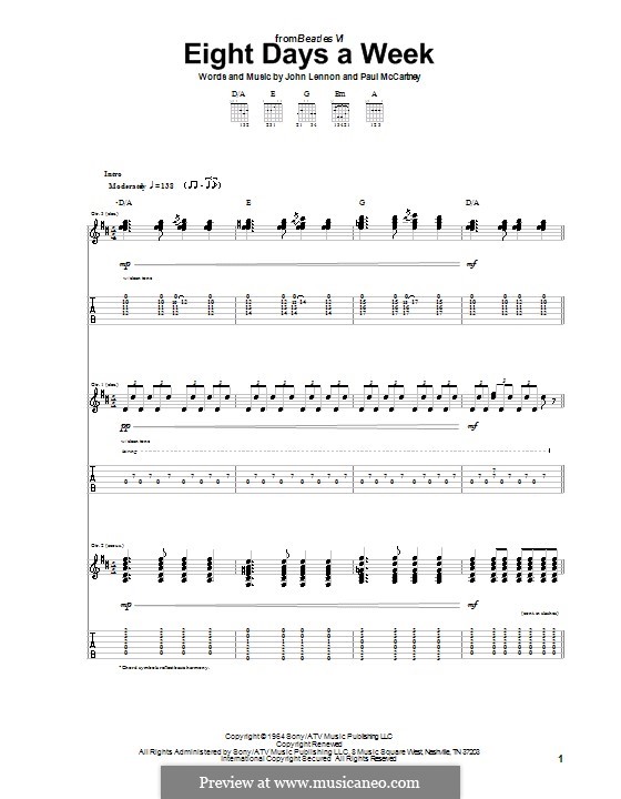 Eight Days a Week (The Beatles): For guitar (high quality sheet music) by John Lennon, Paul McCartney