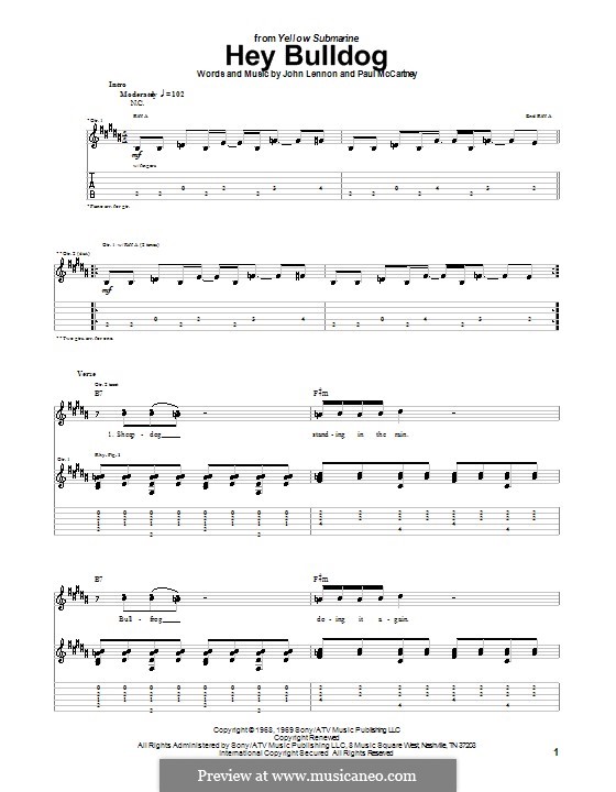 Hey Bulldog (The Beatles): For guitar with tabulature by John Lennon, Paul McCartney