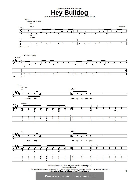 Hey Bulldog (The Beatles): For guitar with tabulature by John Lennon, Paul McCartney