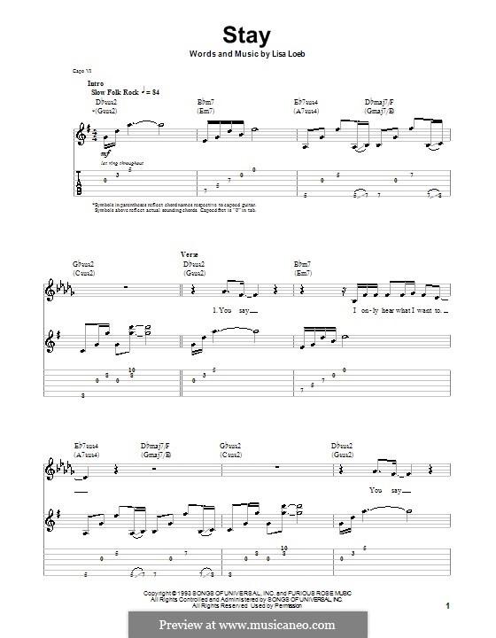 Stay: For guitar with tab by Lisa Loeb