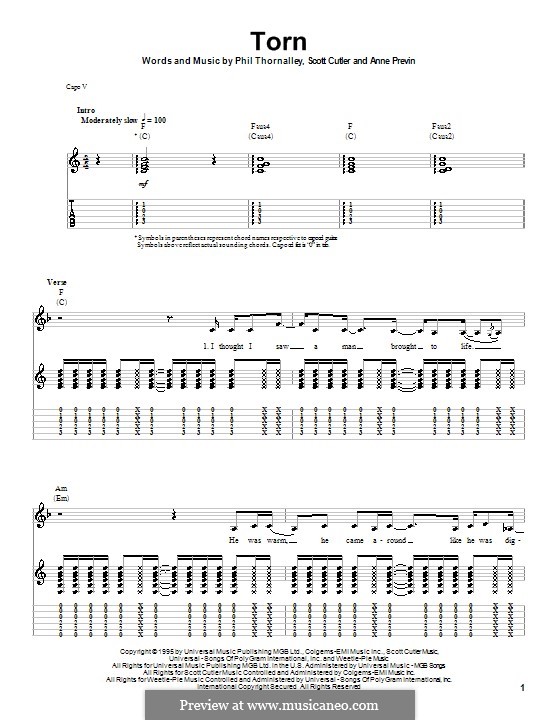 Torn (Natalie Imbruglia): For guitar with tab by Anne Preven, Phil Thornalley, Scott Cutler