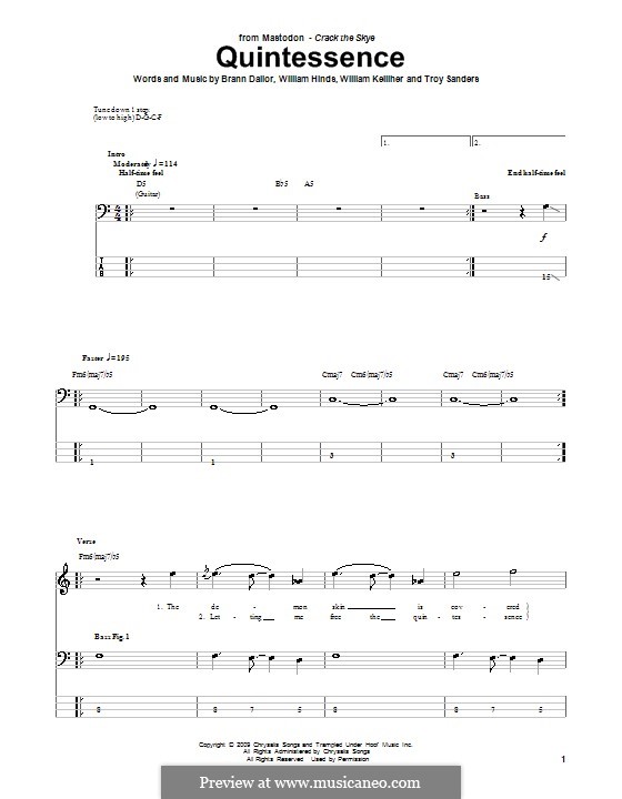 Quintessence (Mastodon): For bass guitar with tab by Brann Dailor, Troy Sanders, William Hinds, William Kelliher