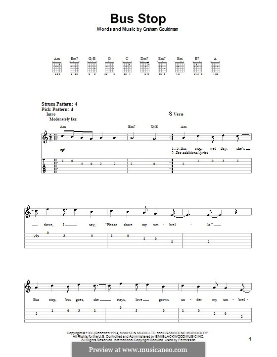 Bus Stop (The Hollies): For easy guitar by Graham Gouldman