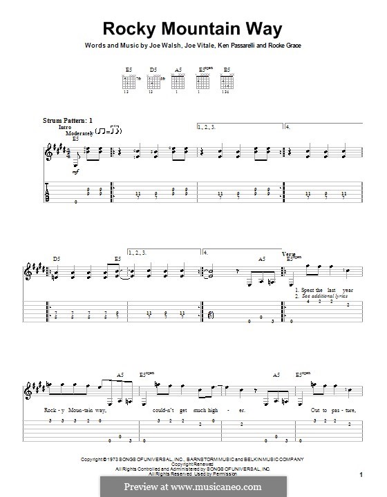 Rocky Mountain Way: Easy guitar tab by Joe Vitale, Joe Walsh, Ken Passarelli, Rocke Grace