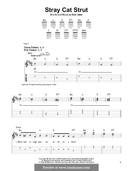 Stray Cat Strut (Stray Cats): For guitar (very easy version) by Brian Setzer