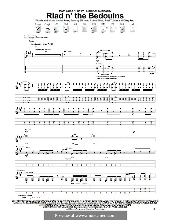 Riad N' the Bedouins (Guns N' Roses): For guitar with tab by W. Axl Rose, Dizzy Reed, Paul Tobias, Robin Finck, Tommy Stinson