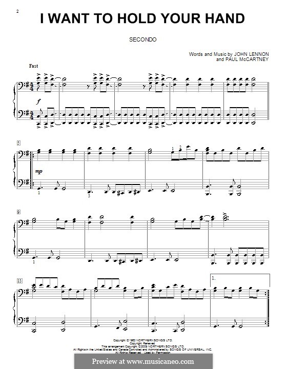 I Want to Hold Your Hand (The Beatles): For piano four hands by John Lennon, Paul McCartney