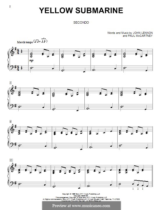 Yellow Submarine (The Beatles): For piano four hands by John Lennon, Paul McCartney