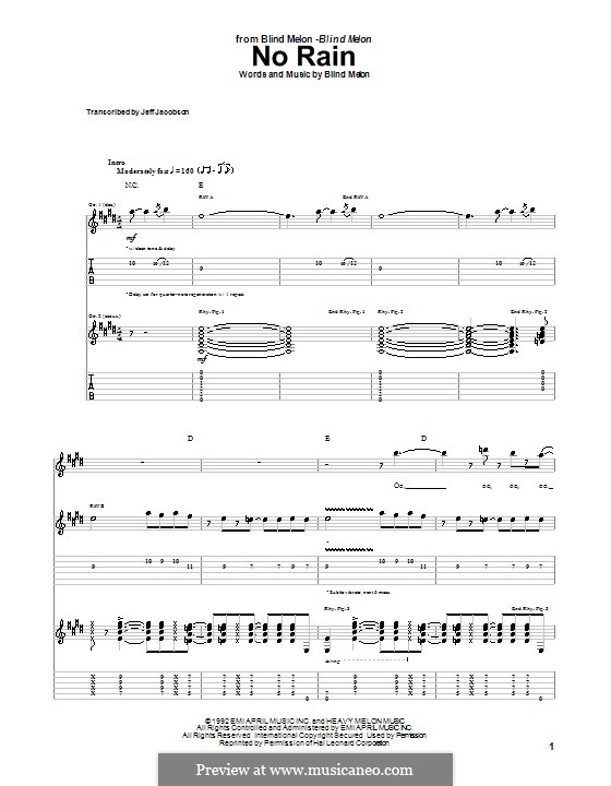 No Rain (Blind Melon): For guitar with tab by Brad Smith, Christopher Thorn, Glen Graham, Roger Stevens, Shannon Hoon