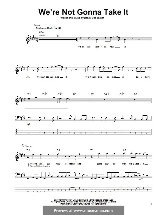 We're Not Gonna Take It (Twisted Sister): For bass guitar with tab by Daniel Dee Snider