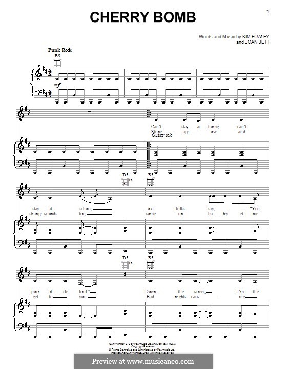 Cherry Bomb (The Runaways) by K. Fowley sheet music on MusicaNeo