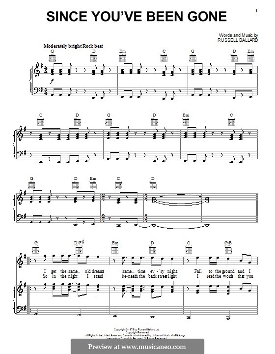 since youve been gone rainbow by r ballard sheet music on since you been gone sheet music