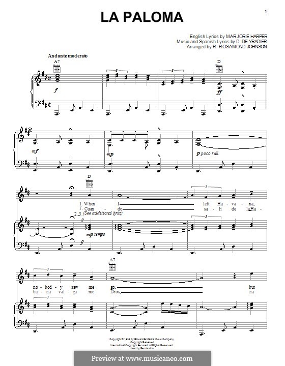 La Paloma (The Dove): For voice and piano (or guitar) by Sebastián Yradier