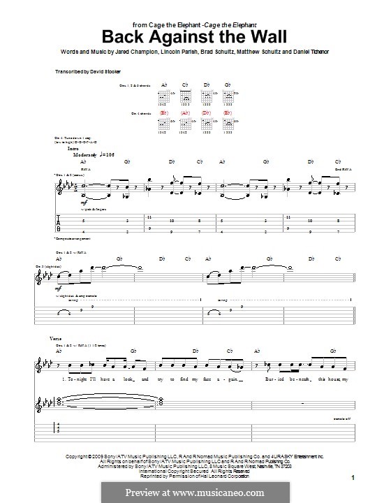 Back Against the Wall (Cage the Elephant): For guitar with tab by Brad Schultz, Daniel Tichenor, Donald Schultz, Jared Champion, Lincoln Parish, Matthew Schultz