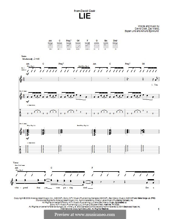 Lie (David Cook): For guitar with tab by Amund Bjorklund, Espen Lind, Zac Maloy