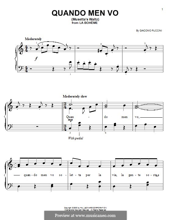 Quando men vo (Musetta's Waltz): For easy piano (with fingering) by Giacomo Puccini