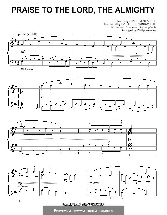 Praise to the Lord, the Almighty: For piano (G Major) by Unknown (works before 1850)