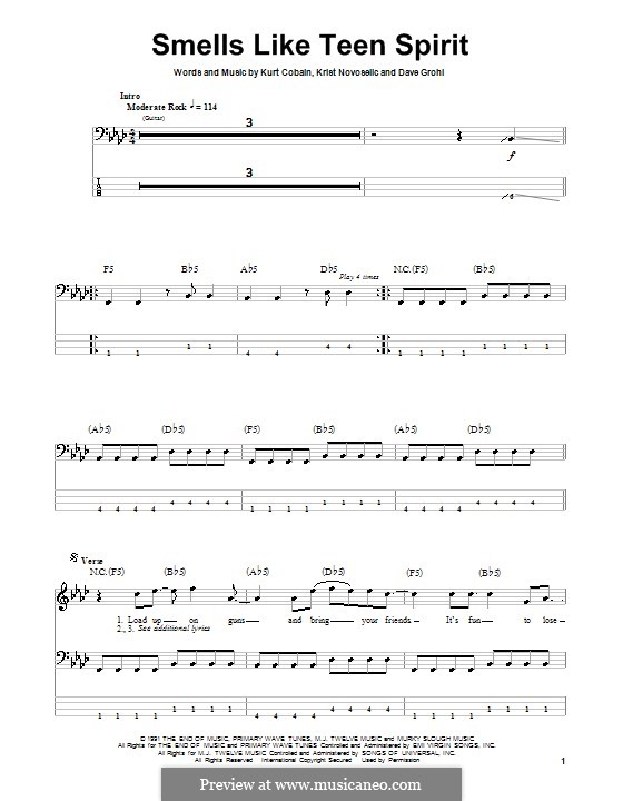 Guitar version: For bass guitar with tab by David Grohl, Krist Novoselic, Kurt Cobain
