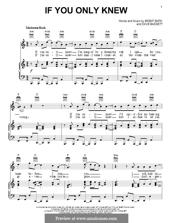 If You Only Knew (Shinedown): For voice and piano (or guitar) by Brent Smith, Dave Bassett