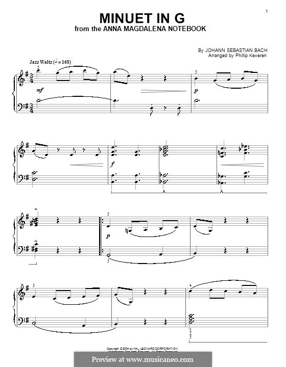 No.4 Minuet in G Major, for Piano, BWV Anh.114: For a single performer (by Phillip Keveren) by Johann Sebastian Bach
