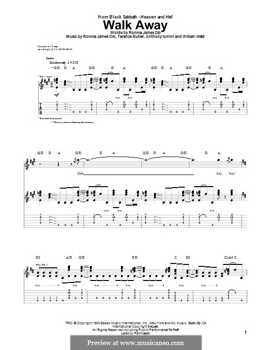 Walk Away (Black Sabbath): For guitar with tab by Geezer Butler, Ronnie James Dio, Tony Iommi, Bill Ward