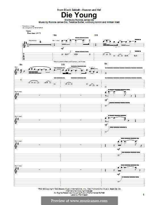 Die Young (Black Sabbath): For guitar with tab by Geezer Butler, Ronnie James Dio, Tony Iommi, Bill Ward