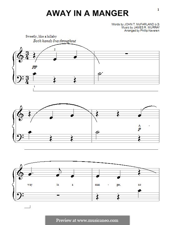 Away in a Manger (Printable Scores): For piano (very easy version) by James R. Murray