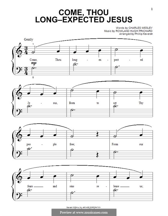 Come, Thou Long-Expected Jesus: For piano (very easy version) by Rowland Huw Prichard