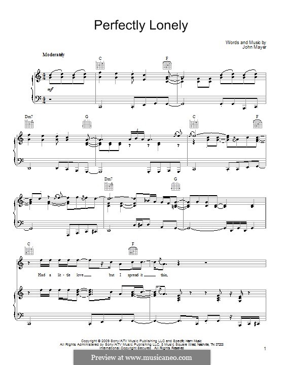 Perfectly Lonely: For voice and piano (or guitar) by John Mayer