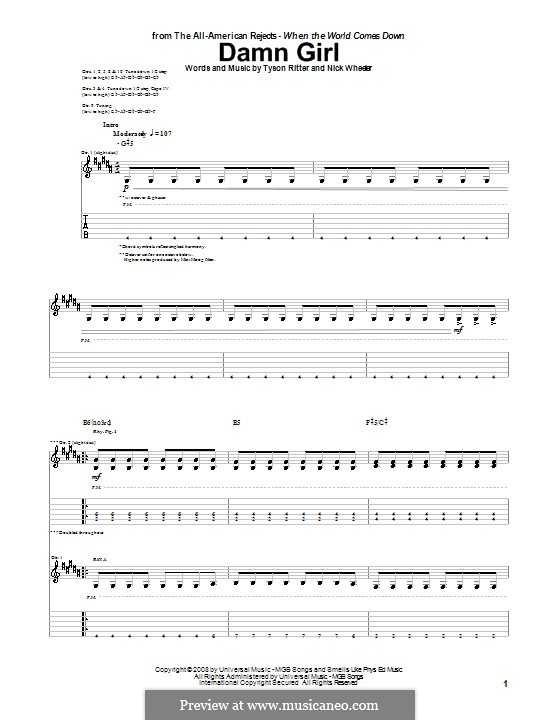 Damn Girl (The All-American Rejects): For guitar with tab by Nick Wheeler, Tyson Ritter