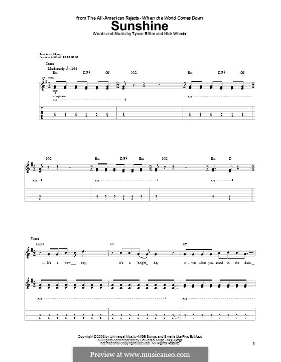 Sunshine (The All-American Rejects): For guitar with tab by Nick Wheeler, Tyson Ritter