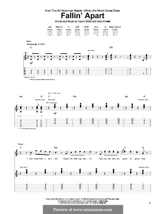 Fallin' Apart (The All-American Rejects): For guitar with tab by Nick Wheeler, Tyson Ritter