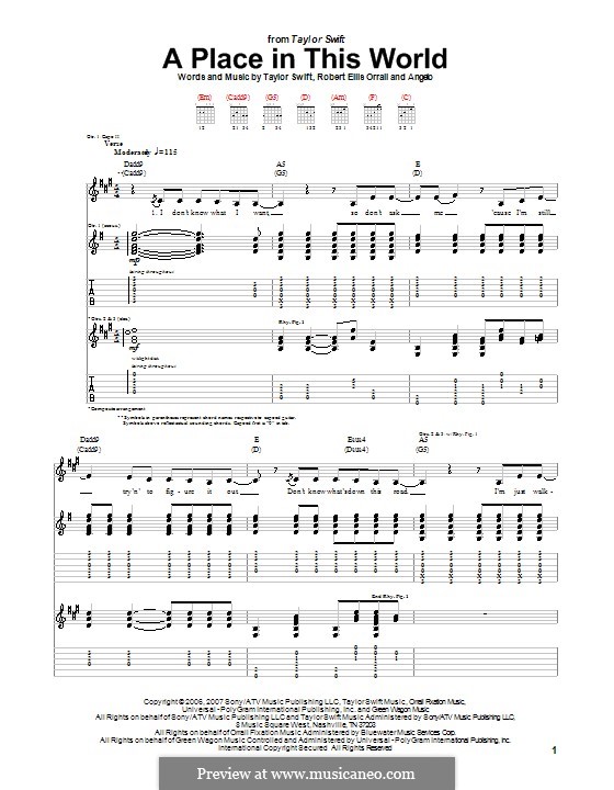 A Place in This World (Taylor Swift): For guitar with tab by Angelo, Robert Ellis Orrall