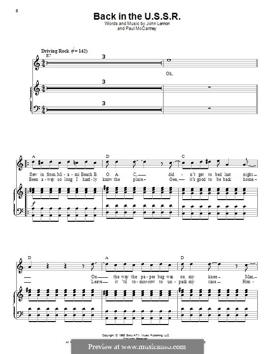 Back in the USSR (The Beatles): For voice and piano or guitar (D Major) by John Lennon, Paul McCartney