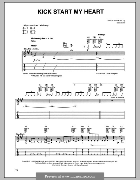 Kick Start My Heart (Motley Crue): For guitar with tab by Nikki Sixx