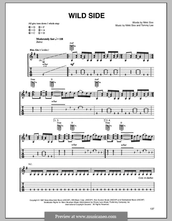 Wild Side (Motley Crue): For guitar with tab by Nikki Sixx, Tommy Lee