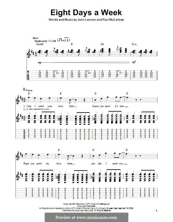 Eight Days a Week (The Beatles): For guitar (high quality sheet music) by John Lennon, Paul McCartney
